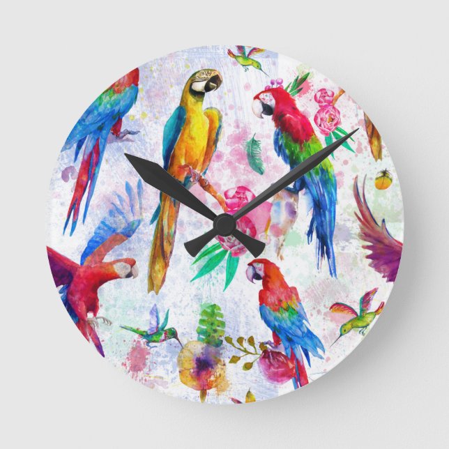 Watercolor Style Parrots Round Clock (Front)