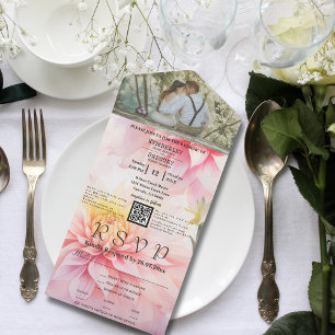 Watercolor Style Pink Dahlia Floral QR Code Photo All In One Invitation