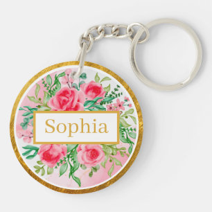 Watercolor Style Pink Roses, Green Leaves and Gold Key Ring