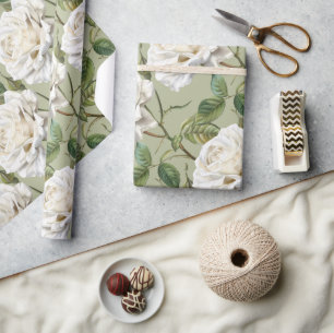  Watercolor Style Vintage Look White Rose Flower Wrapping Paper