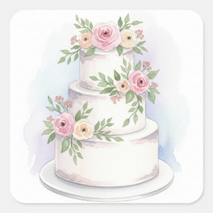 Watercolor Style Wedding Cake Square Sticker