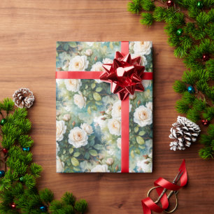  Watercolor Style White Roses Garden Flower  Wrapping Paper