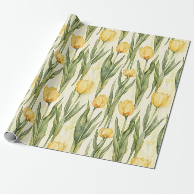 Watercolor Style Yellow Tulips All-over Print Wrapping Paper (Unrolled)