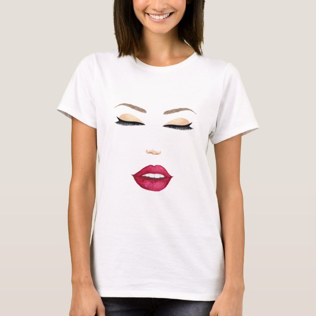 Watercolor stylised female face with red lips T-Shirt (Front)