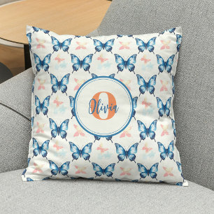 Watercolor Stylish Blue Butterflies Monogram Cushion