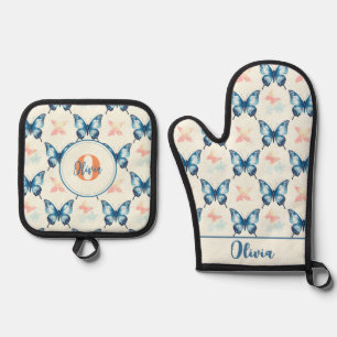 Watercolor Stylish Blue Butterflies Monogram Oven Mitt & Pot Holder Set
