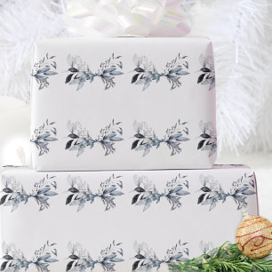 Watercolor Stylish Blue Winter Foliage Christmas Wrapping Paper