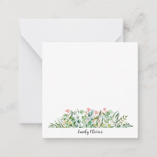 Watercolor Stylish Greenery - Custom Name Note Car Card (Front)