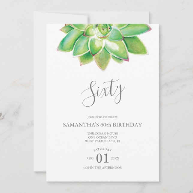 Watercolor Succulent 60th Birthday  Invitation (Front)