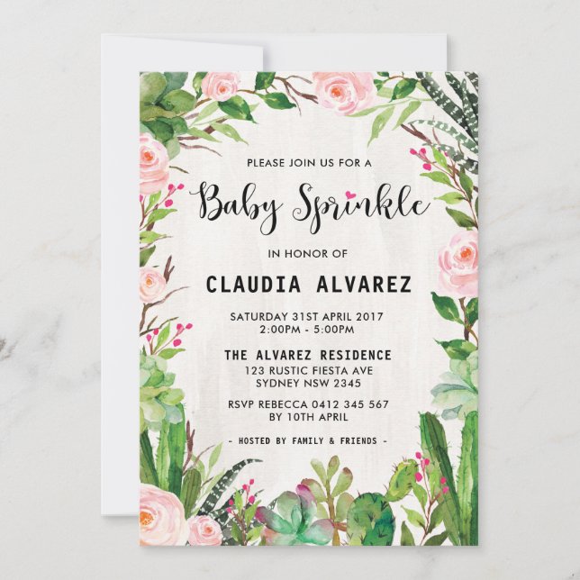 Watercolor Succulent Baby Sprinkle Invitation (Front)