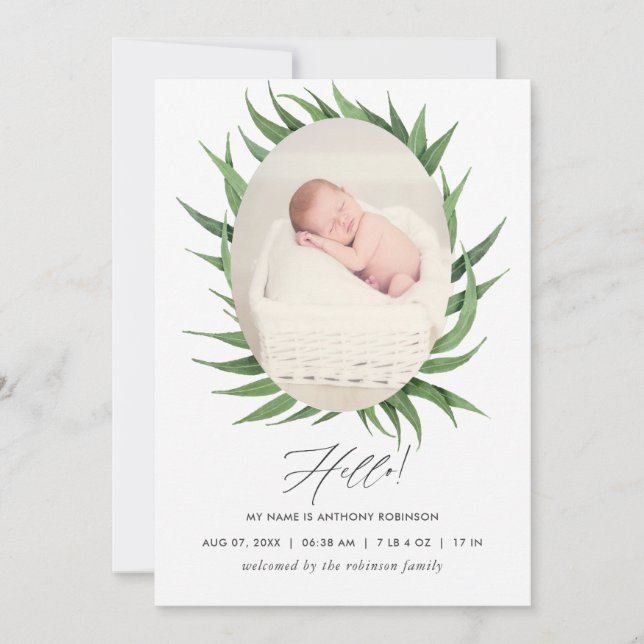 Watercolor Succulent Birth Announcement Photo Card (Front)