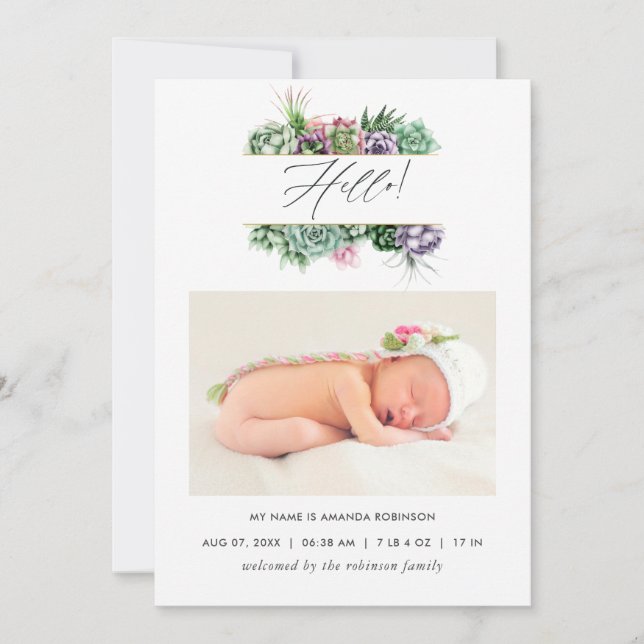 Watercolor Succulent Birth Announcement Photo Card (Front)