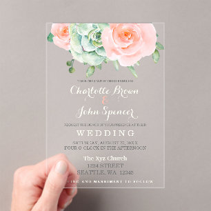 Watercolor Succulent Blush Floral Elegant Wedding Acrylic Invitations