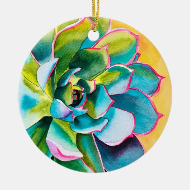 Watercolor succulent botanical ceramic tree decoration (Front)