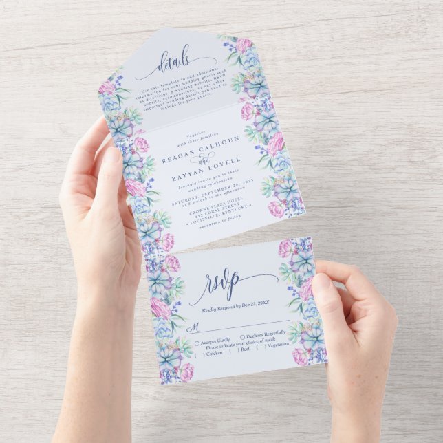 Watercolor Succulent Botanical Wedding All In One Invitation (Tearaway)