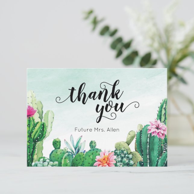 Watercolor Succulent Bridal Shower Flat Thank You Card (Standing Front)