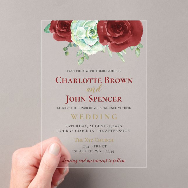 watercolor succulent burgundy gold floral wedding acrylic invitations (Insitu (Handheld))