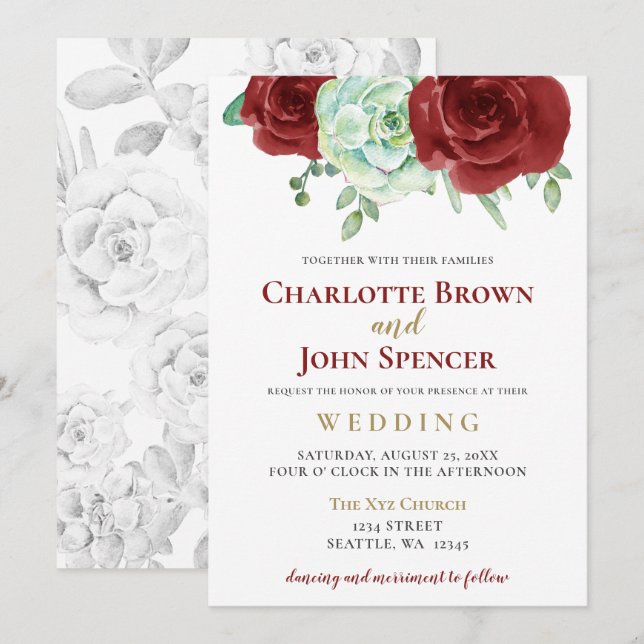 watercolor succulent burgundy gold floral wedding invitation (Front/Back)