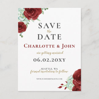 Watercolor succulent burgundy gold save the date announcement postcard