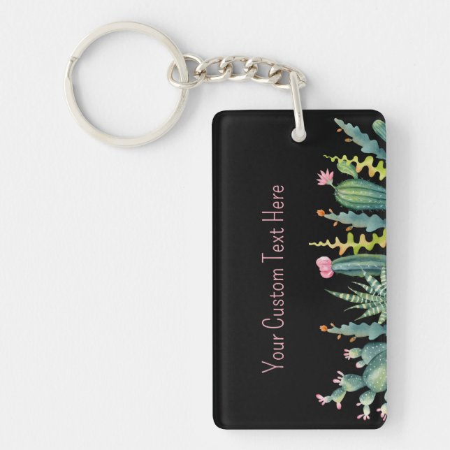 Watercolor Succulent Cactus Custom Text Key Ring (Front)