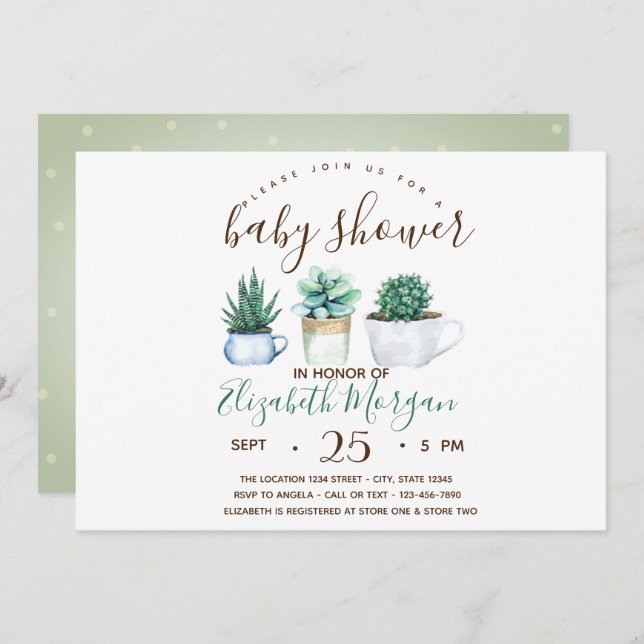 Watercolor Succulent Cactus Dots Baby Shower Invitation (Front/Back)