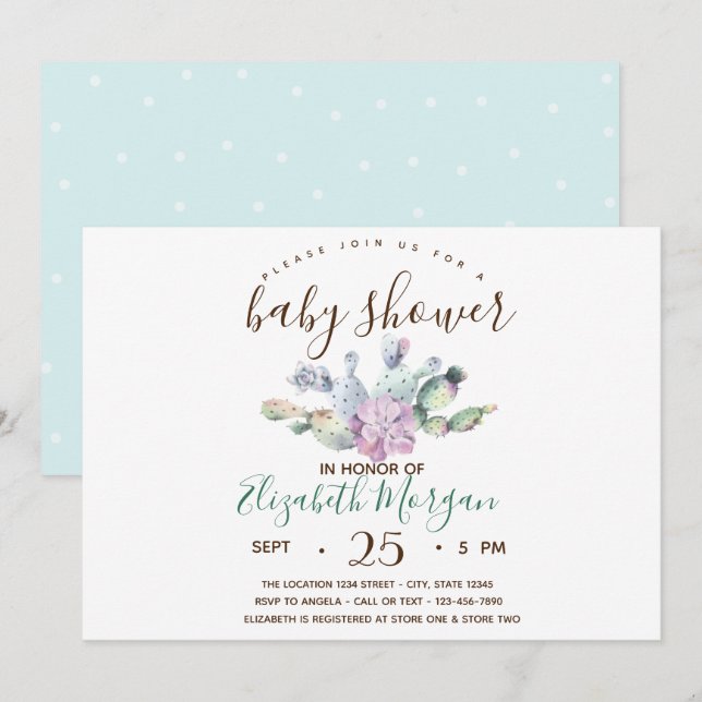 Watercolor  Succulent Cactus Dots Baby Shower  Invitation (Front/Back)