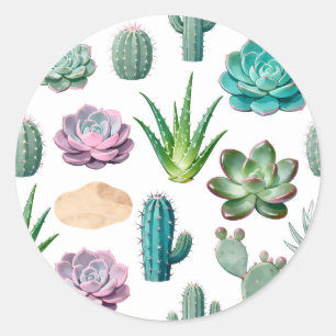 Watercolor Succulent Cactus Pattern Classic Round Sticker