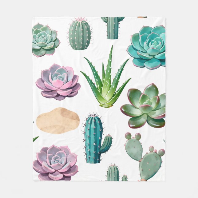 Watercolor Succulent Cactus Pattern Fleece Blanket (Front)