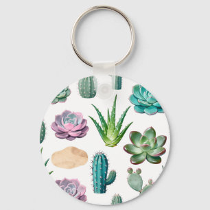Watercolor Succulent Cactus Pattern Key Ring