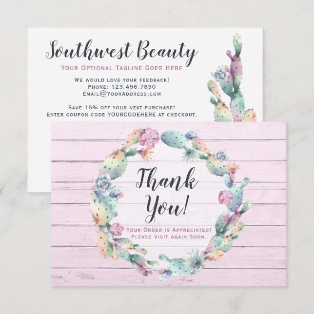 Watercolor Succulent Cactus Rustic Thank You Card (Front/Back)