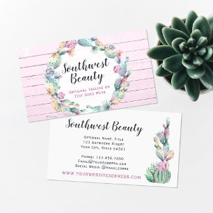 Watercolor Succulent Cactus & Rustic Wood Bohemian Business Card