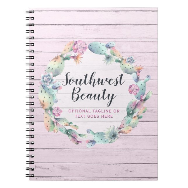 Watercolor Succulent Cactus & Rustic Wood Bohemian Notebook (Front)
