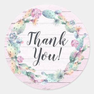 Watercolor Succulent Cactus Rustic Wood Thank You Classic Round Sticker