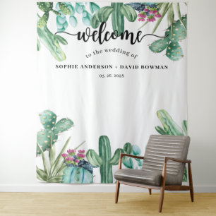 Watercolor Succulent Cactus Wedding Backdrop Tapestry
