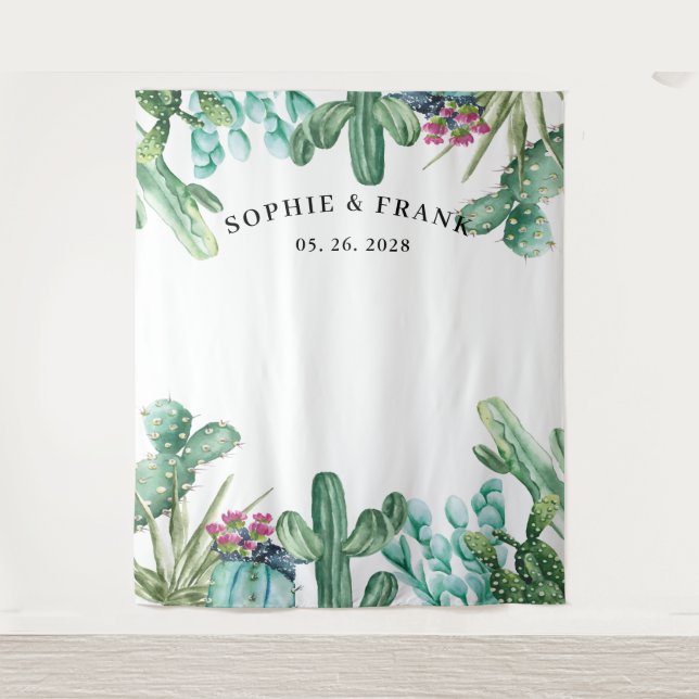 Watercolor Succulent Cactus Wedding Backdrop Tapestry (Front)