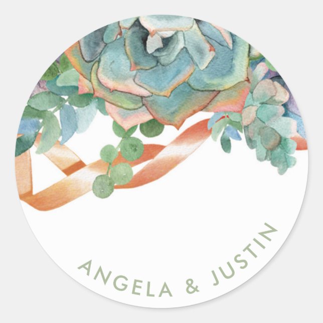 Watercolor Succulent Cluster Wedding Classic Round Sticker (Front)