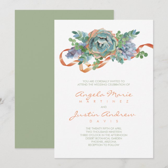 Watercolor Succulent Cluster Wedding Invitation (Front/Back)