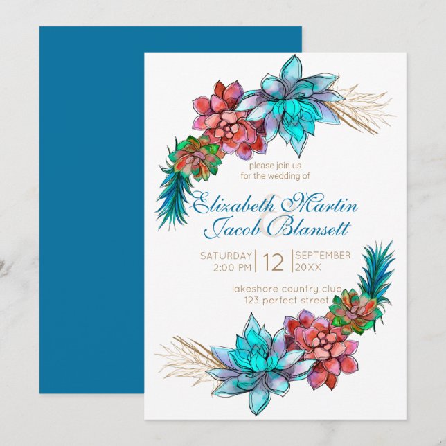 Watercolor Succulent, deep teal Wedding Invitation (Front/Back)