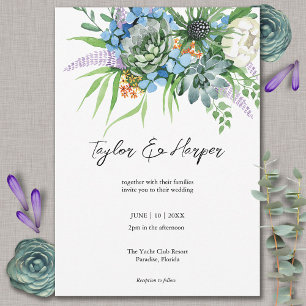Watercolor Succulent Floral Bouquet Boho Wedding Invitation