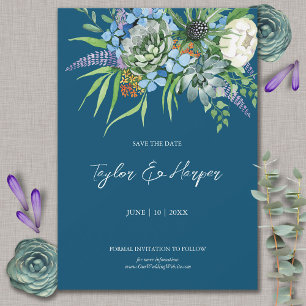 Watercolor Succulent Floral Bouquet Boho Wedding Save The Date