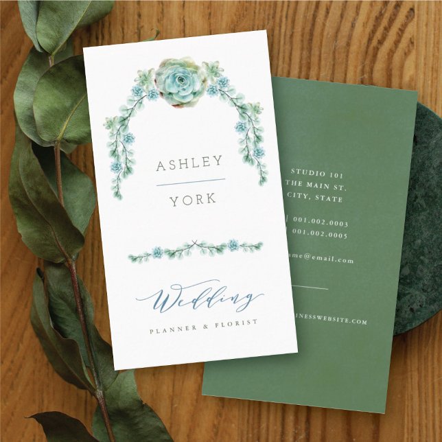 Watercolor Succulent Floral Garden Wedding Planner Business Card (Watercolor Succulent Floral Garden Wedding Planner Business Card @ fatfatin_blue_knot)