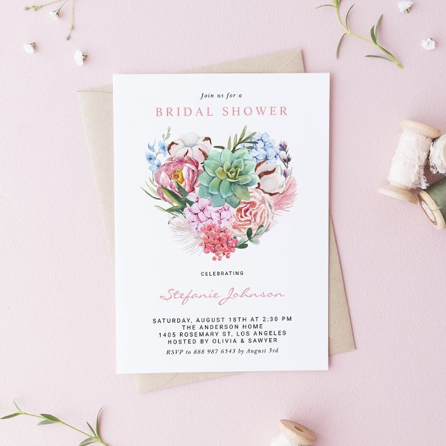 Watercolor Succulent Floral Heart Bridal Shower Invitation (Creator Uploaded)