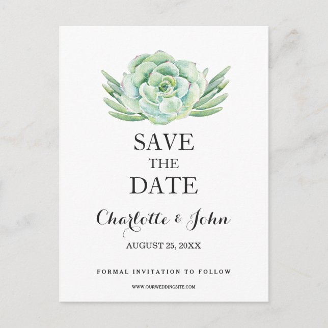 watercolor succulent floral save the dates announcement postcard (Front)