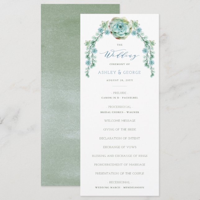 Watercolor Succulent Flower Garden Wedding Program Invitation (Front/Back)