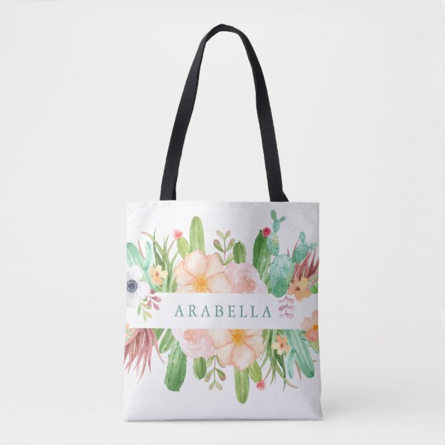 Watercolor Succulent Flowers on White Tote Bag (Front)