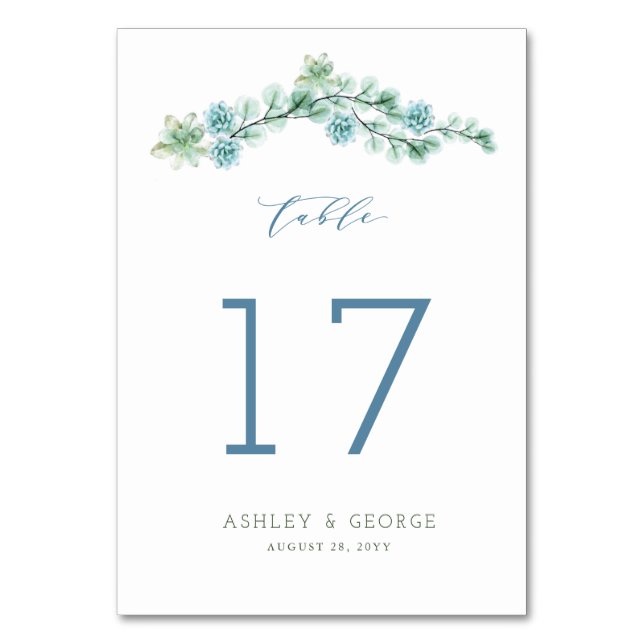 Watercolor Succulent Garden Stylish Summer Wedding Table Number (Front)
