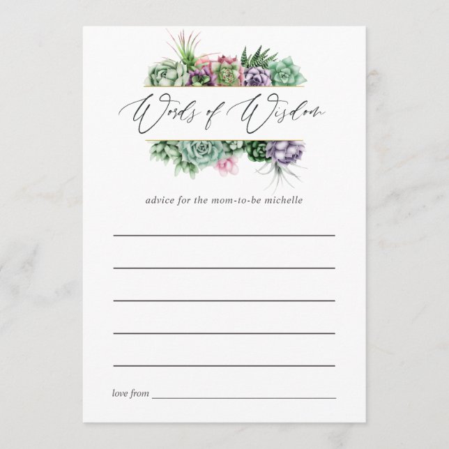 Watercolor Succulent Geometric Baby Shower Advice Card (Front)