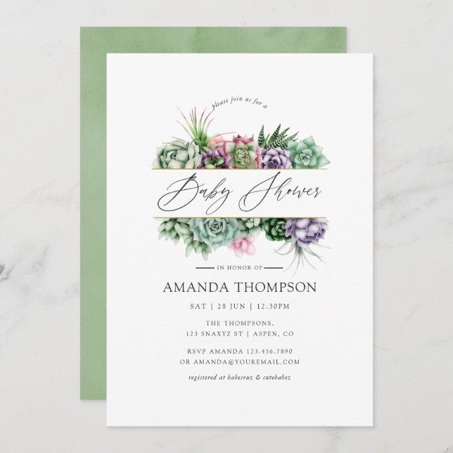 Watercolor Succulent Geometric Baby Shower Invitation (Front/Back)