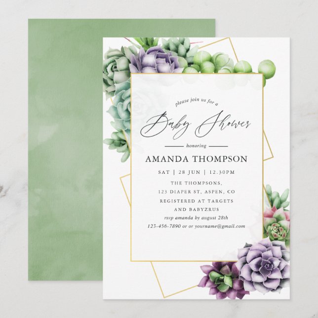 Watercolor Succulent Geometric Baby Shower Invitation (Front/Back)