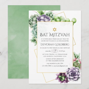 Watercolor Succulent Geometric Bat Mitzvah Invitation
